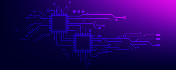 Obraz premium Abstract Futuristic Circuit Board Background with CPU Microchips and Purple Blue Gradient Light