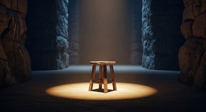 A small wooden stool placed in the center of a stone corridor or dungeon, lit by a soft overhead light