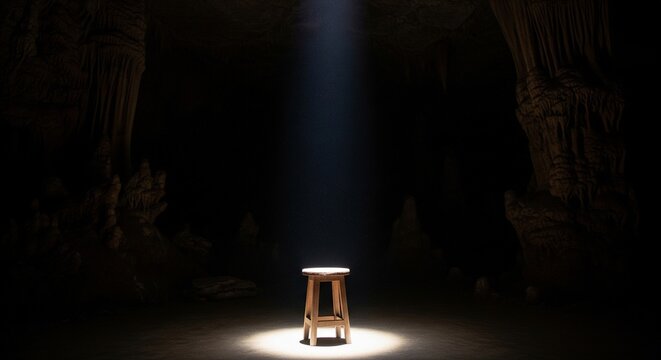 A wooden stool sitting alone in a dark cave, illuminated by a single dramatic spotlight from above