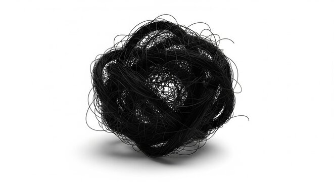 A messy, tangled ball of thin black wire or thread isolated on a clean white background