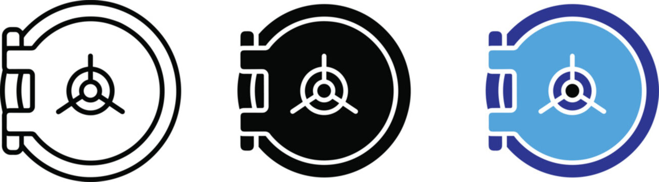 Steel bank vault door icon set for security and financial safety