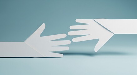 Two paper hands reaching out to touch on blue background