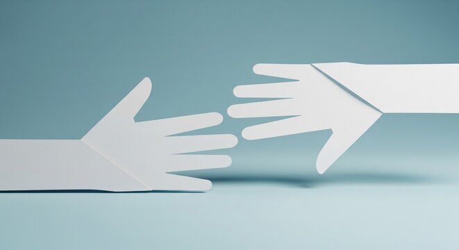 Two paper hands reaching out to touch on blue background