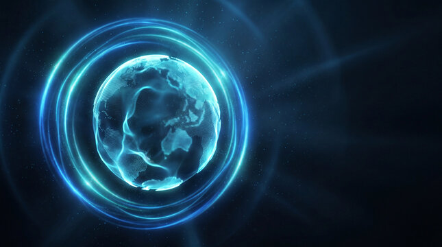 Glowing Blue Voice Assistant Sound Wave Visualization with Pulsing Energy Rings on Dark Background, AI Voice Technology Concept, 3D Render
