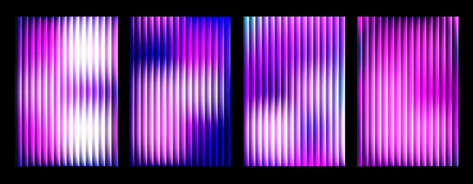 Riddle glass background, ripple wave distortion, Neon vertical lines, Modern abstract cover design set with vibrant purple and blue neon light lines
