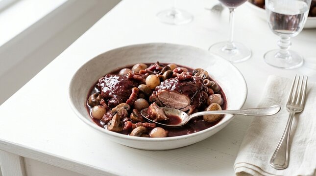 Coq au vin Burgundy, coq au vin mushrooms lardons pearl onions profile, white background studio photo, gourmet French cuisine, professional food photography, commercial stock image