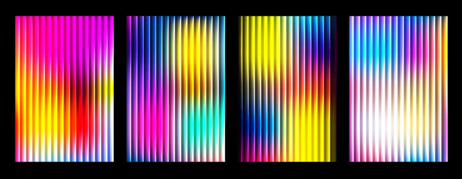 Ribbed glass with refracted neon gradient flowing through abstract parallel lines set. Futuristic digital technology 3d render 