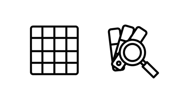 Grid icon for color consistency and magnifying glass over swatches for color check with consistency magnifying equipment comparison analysis verification standard selection creativity