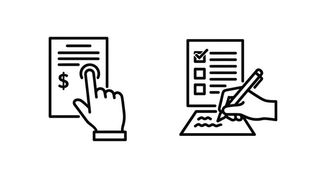 Manual count icon with hand on dollar price list and manual entry icon with hand writing document checklist operation business calculation information registration enrollment application