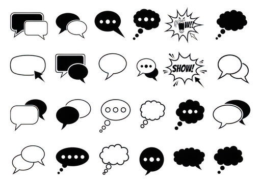 Set of various hand drawn speech bubbles and thought clouds in thin line sketch style isolated on transparent background