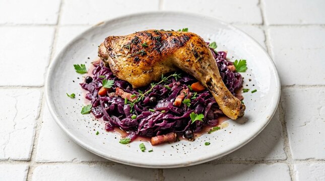 Pintade au chou, guinea fowl braised cabbage aerial directly above, white background studio photo, gourmet French cuisine, professional food photography, commercial stock image