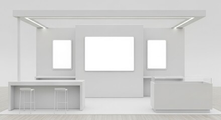 Fototapeta premium Modern minimalist white exhibition stand with blank display screens and counters, ready for branding and events.