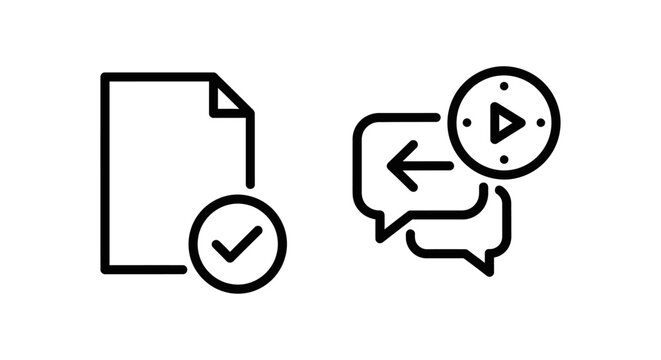 Document with checkmark for incident acknowledgment and communication bubbles with play clock for response started incident acknowledge response document checkmark confirmation approval