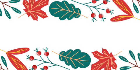 Autumn fall leaf and berry border frame decoration for invitation, poster, banner, greeting card concept. Flat design vector illustration. © Iryna