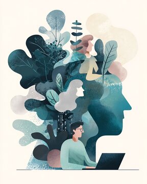 Abstract double exposure illustration of a person working on a laptop inside a leafy profile silhouette