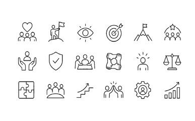 Fototapeta premium Business Leadership and Teamwork Line Icon Set. Strategy, Vision, Success and Collaboration Editable Stroke Vector Illustration