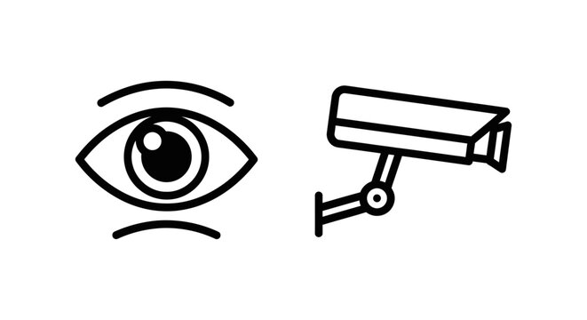 Eye and security camera surveillance system line icons for safety and monitoring with security surveillance monitoring protection observation interface prevention business technology property