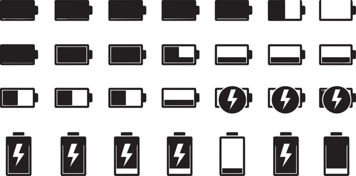 Twenty flat style battery symbols in black and white charging states battery charging battery