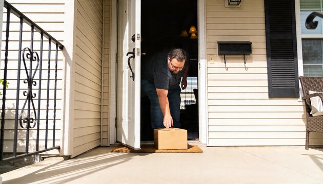 Bending forward man in black T-shirt and dark jeans placing small cardboard package at front porch