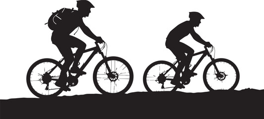 Obraz premium Two cyclists wearing black helmets riding mountain bikes on a black background black clothing