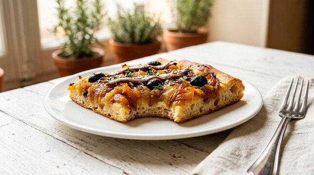 Pissaladi&egrave;re caramelised onion, Ni&ccedil;oise pissaladi&egrave;re caramelised onion anchovy olive aerial directly above, white background studio photo, gourmet French cuisine, professional food photography,