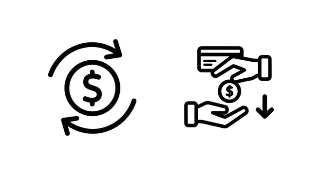 Business icon set illustrating payment refund and refund transaction processes with money symbols and credit cards transaction exchange business commerce customer shopping illustration