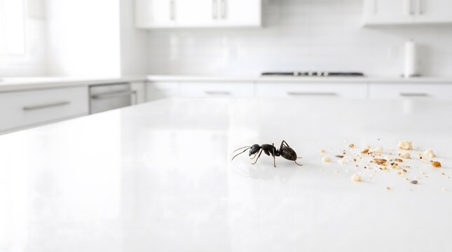 Black carpenter ant foraging on white countertop in modern kitchen