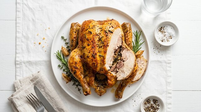 Poulet r&ocirc;ti whole golden, perfect roast chicken whole platter cut revealing interior, on serving platter, gourmet French cuisine, professional food photography, commercial stock image