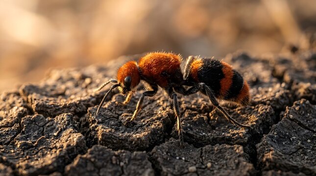 Velvet ant pair facing each other on cracked earth macro photography