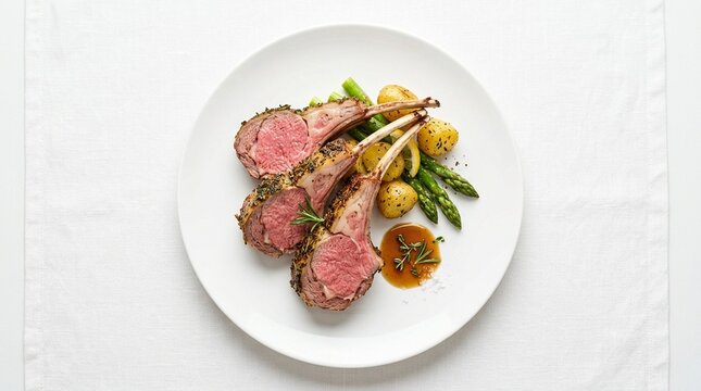 Carre d'agneau r&ocirc;ti slice, roast rack lamb sliced three chops perfect symmetrical composition, sliced plated serving, gourmet French cuisine, professional food photography, commercial stock image
