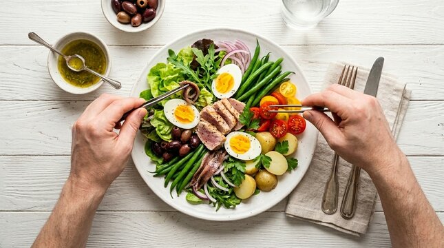 Salade Ni&ccedil;oise, Ni&ccedil;oise salad composed tuna olive egg anchovy, white background studio photo, gourmet French cuisine, professional food photography, commercial stock image