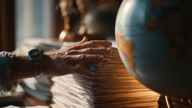 Asymmetric hand power touches stack of paper near globe in warm light creating thoughtful atmosphere