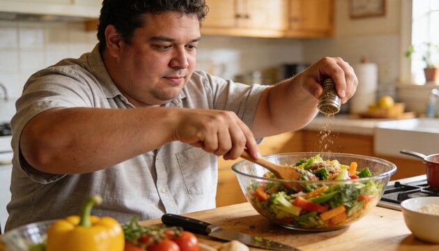 Seasoning man wearing button-up using grinder and tossing salad at kitchen counter with glass bowl