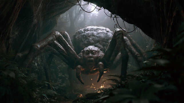 Giant fantasy spider monster lurking in dark jungle cave with glowing light, photorealistic horror illustration