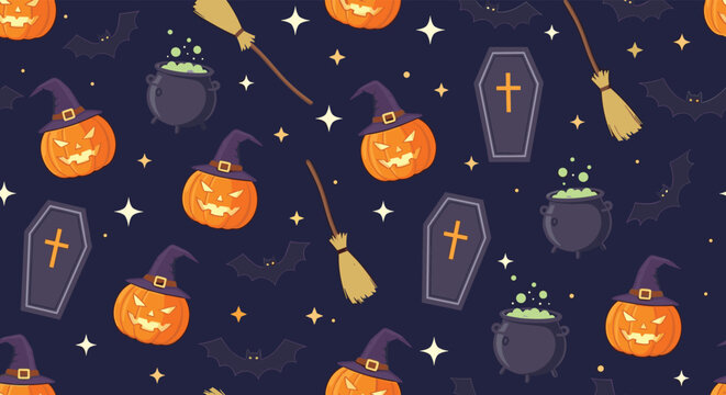 Seamless Halloween holiday pattern featuring spooky pumpkins with witch hats and magic cauldrons on dark background.