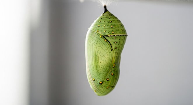 A vibrant green monarch butterfly chrysalis hanging from a silk pad, showing tiny gold spots and the developing wing patterns inside