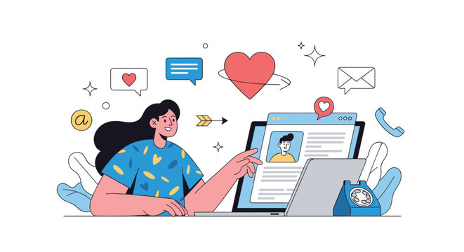 Young woman looking for love on an online dating website with various romantic icons and profiles on her laptop screen.