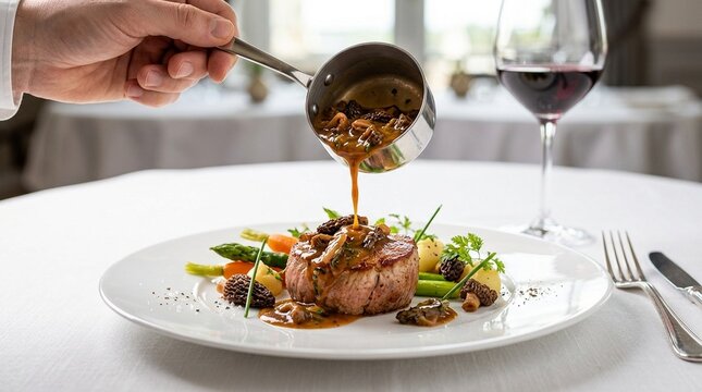 M&eacute;daillon de veau sauce morilles, veal medallion morel cream sauce cut revealing interior, white background studio photo, gourmet French cuisine, professional food photography, commercial stock image