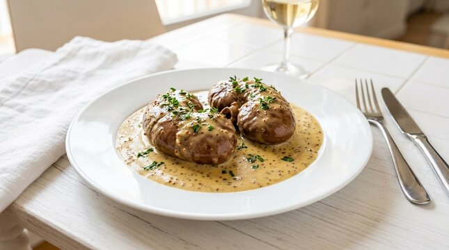 Rognons de veau entiers, whole veal kidneys mustard cream, white background studio photo, gourmet French cuisine, professional food photography, commercial stock image