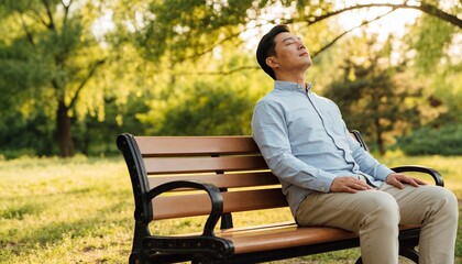 Obraz premium Sitting Asian man wearing blue shirt, khaki pants on park bench under dappled sunlight, copy space