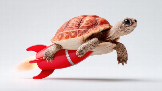 A turtle on a rocket ship soars through the air, showcasing speed and humor in a unique scene.