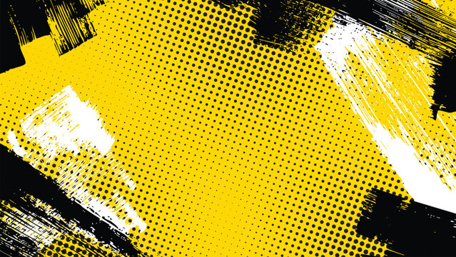 A yellow background with halftone dots and contrasting black and white brushstrokes.
