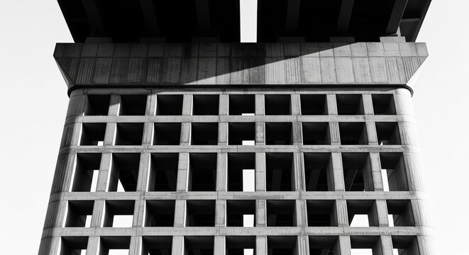 Massive concrete bridge support with decorative rectangular grid