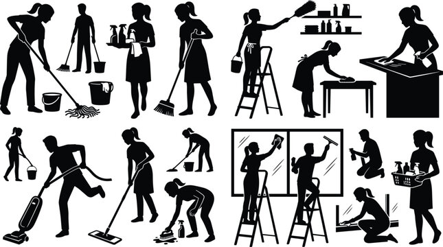 House Cleaning Service Silhouettes - Professional Housekeeping Team with Tools and Equipment Vector Illustration