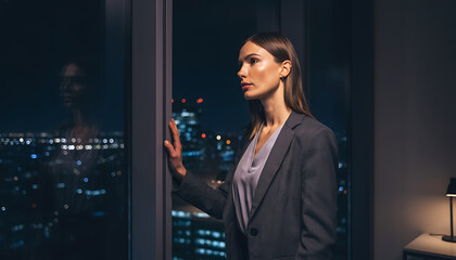 Naklejka na ściany i meble A businesswoman in a suit looks thoughtfully out a window at a city skyline at night.
