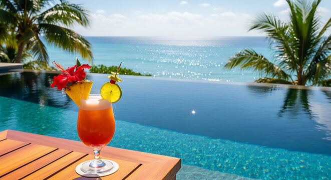 Tropical orange cocktail with fruit on a poolside table overlooking ocean view transparent background