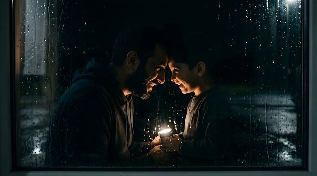 Smiling Father and Son Sharing Flashlight on Father's Day