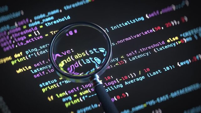 Close-up of a magnifying glass over colorful programming code, symbolizing debugging, code review, software development, and cybersecurity analysis. 3D render animation