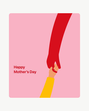 Minimal Happy Mothers Day vector illustration featuring mother and child holding hands with soft pink background and modern flat design. Ideal for greeting cards, social media posts, posters.