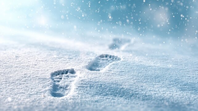 Single trail of boot footprints in fresh snow during falling snowfall with soft blue winter light